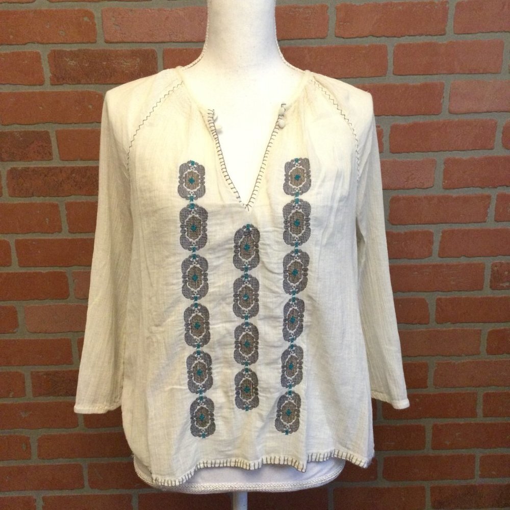 Joie women’s blouse size L white long sleeve embroidered lightweight boho top